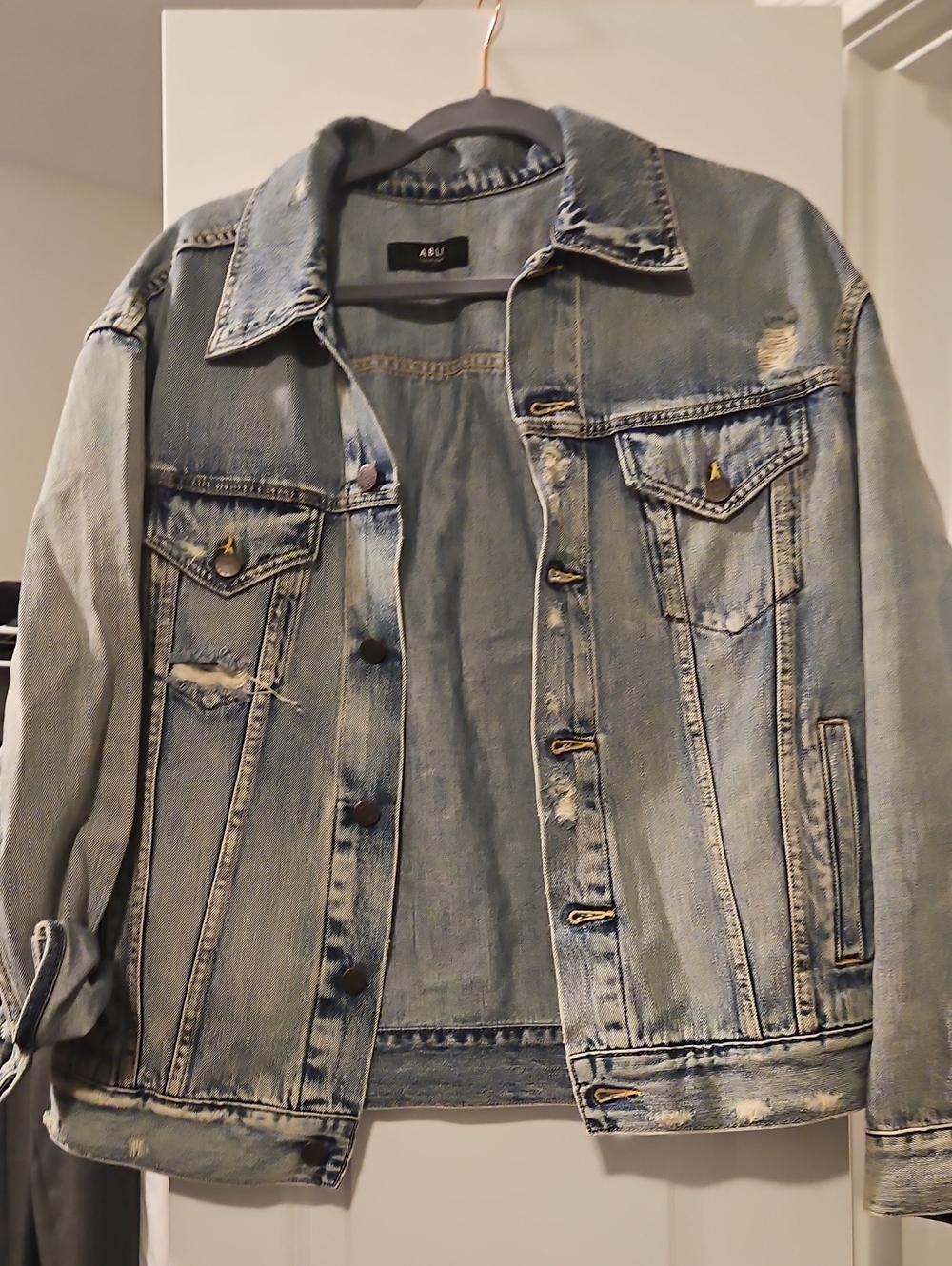 Able Light Wash Distressed Denim Jacket - Women's